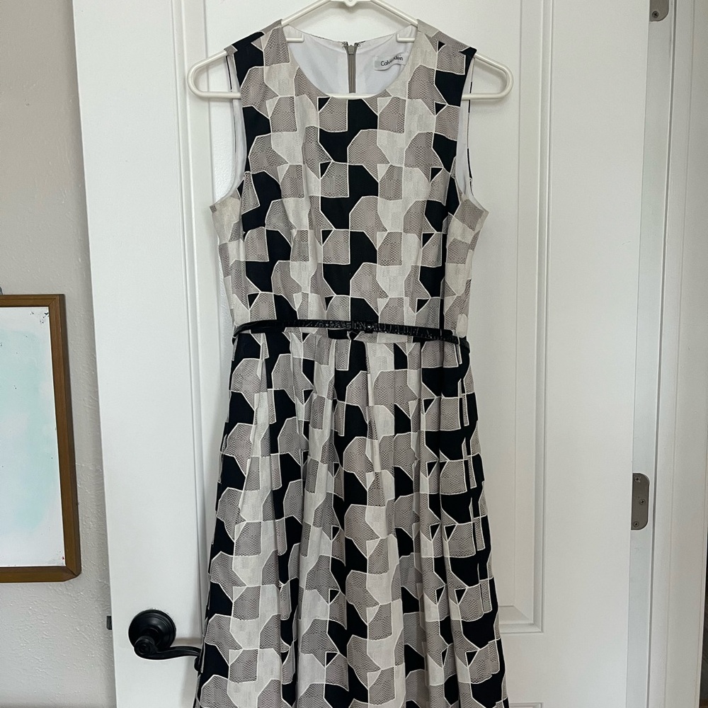 Calvin Klein Black and Cream Geometric Midi Dress